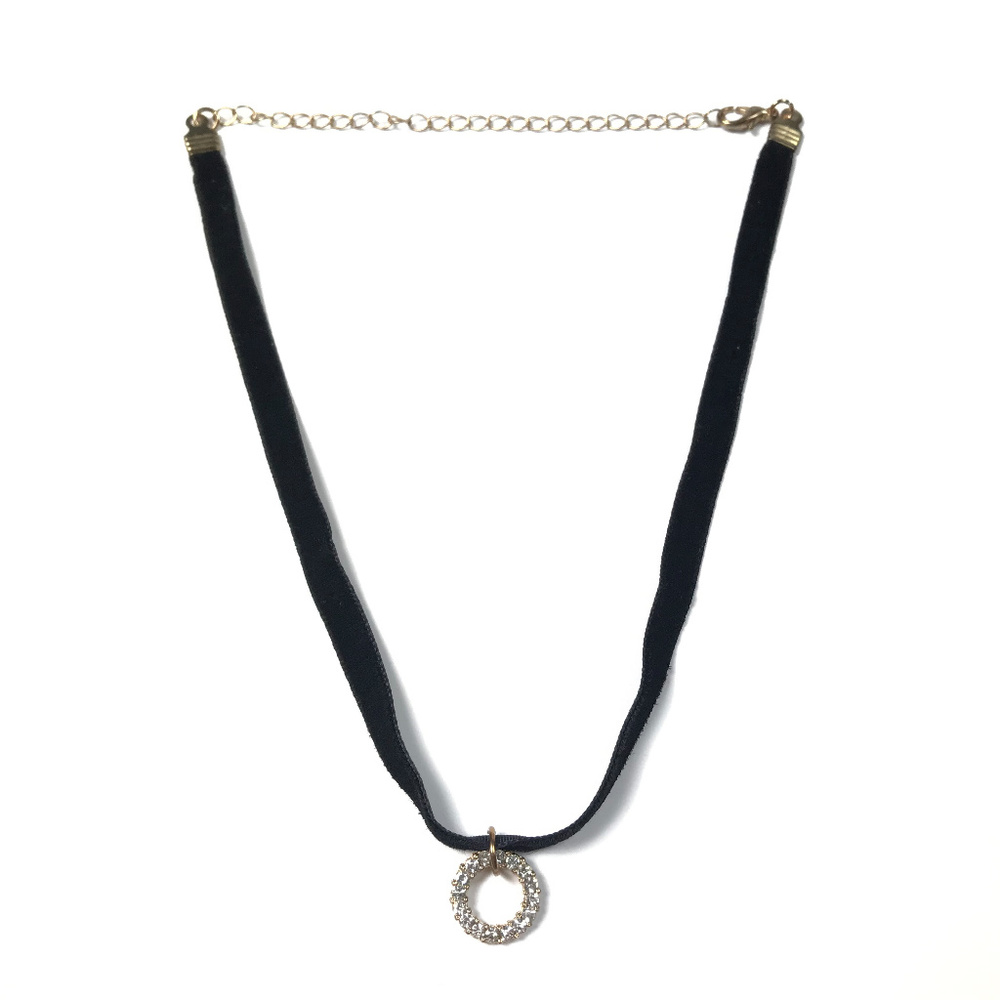 Faux Velvet Circle Diamond Choker Necklace